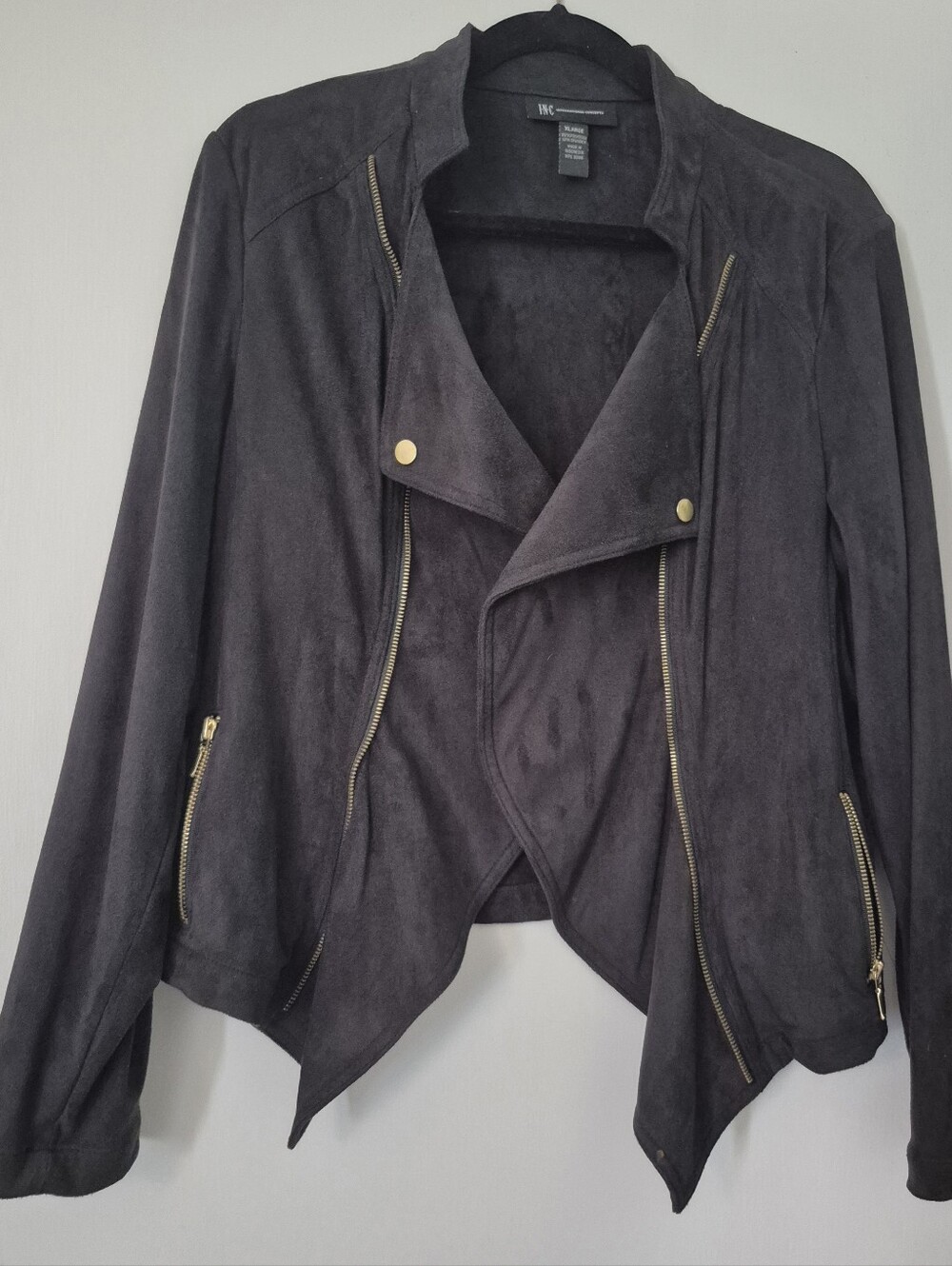 INC Women's Charcoal Faux Suede Asymmetric Moto Jacket